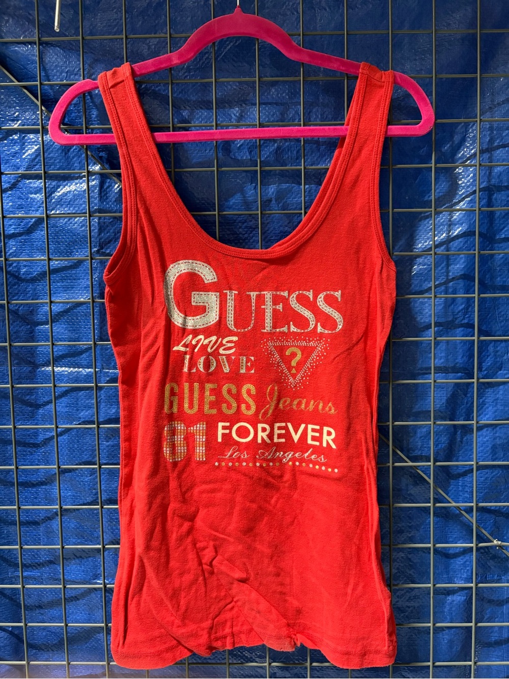 Guess Red Graphic Tank Top with Gold & Silver Print